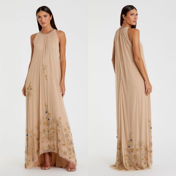 Mac Duggal 9232 High Neck Jewel Hem Embellished Trapeze Nude Gold Gown, Size 14 - Picture 1 of 10